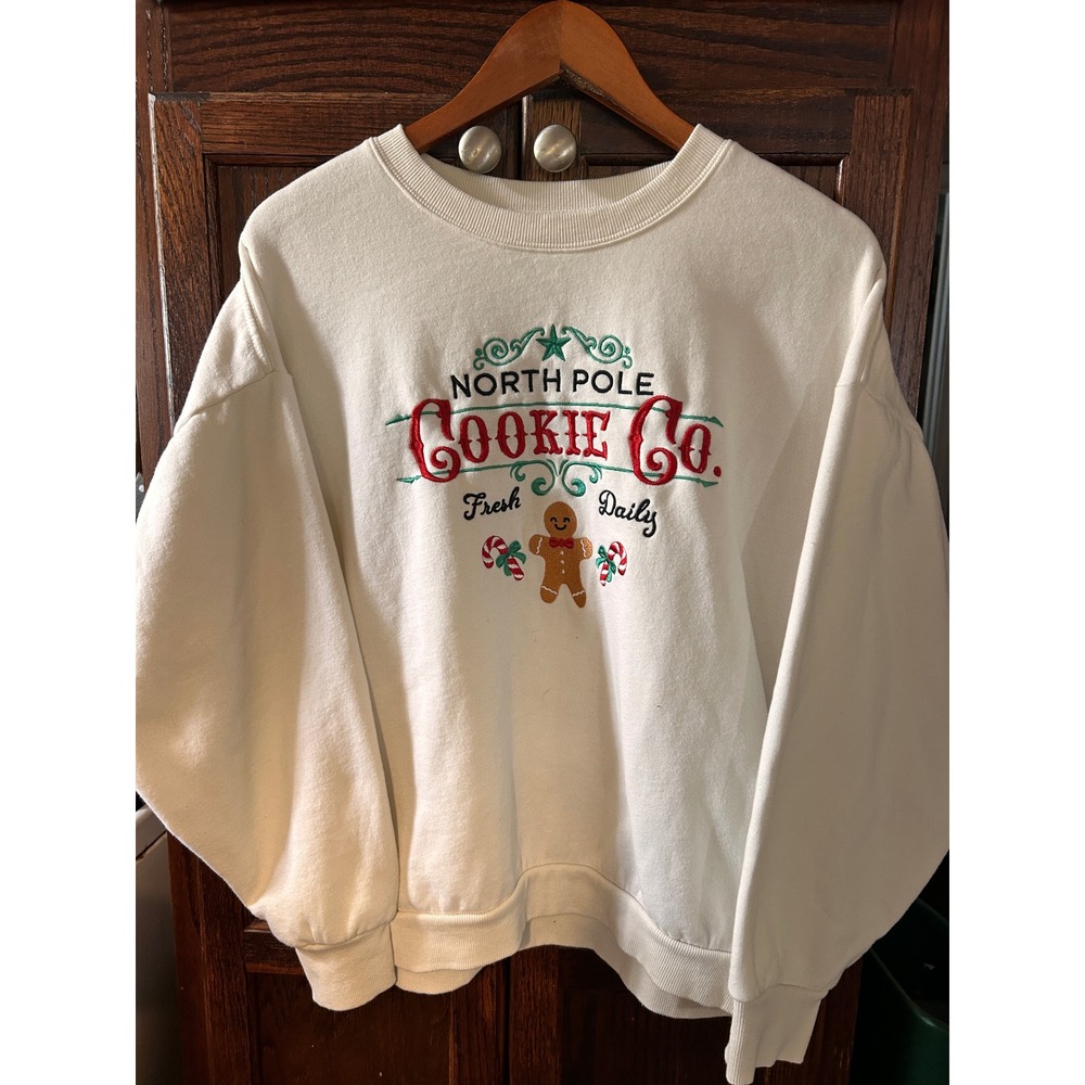 North Pole Cookie Co Christmas Gingerbread Embroidered Sweatshirt Cream Womens